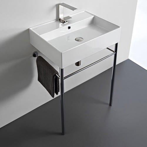 Rectangular Ceramic Console Sink and Polished Chrome Stand Scarabeo 8031/R-60-CON